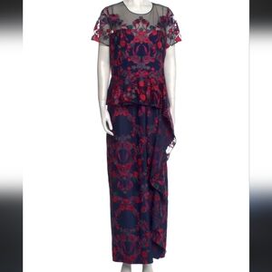 Marchesa Navy Blue Maxi Dress with Red and Pink Floral Embroidery